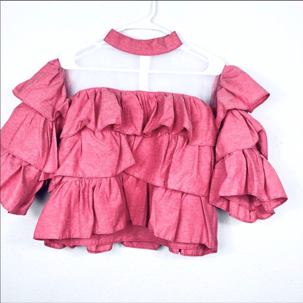 Pink ruffle dramatic top with large ruffle sleeves